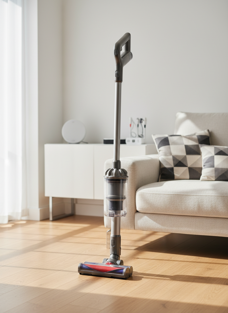 A sleek stainless-steel cordless vacuum with a slim wand and brushed metal finish standing upright in a bright, modern living room. The vacuum’s glossy dust canister and LED floor head rest on a light oak wood floor beside a low-profile fabric sofa and a neatly stacked pile of smart home gadgets on a sideboard. Soft morning daylight pours in from a large unseen window, creating gentle reflections along the metal tube and subtle shadows on the floor. Photographic realism, clean and modern aesthetic, shot at eye level with shallow depth of field so the background decor is softly blurred. The mood is professional and aspirational, emphasizing cleanliness, efficiency, and premium home technology.