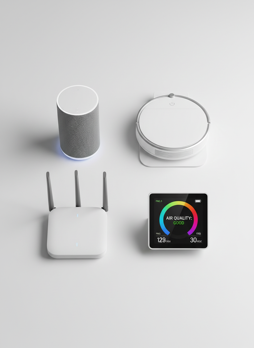 A carefully arranged flat lay of essential home gadgets on a matte white tabletop: a smart speaker with fabric mesh, a compact robot vacuum docked at its charging base, a minimalist Wi-Fi router with subtle LED indicators, and a digital air quality monitor with a bright display. Each device has distinct textures, from woven fabric to smooth matte plastic and brushed aluminum edges. Overhead diffused studio lighting removes harsh shadows, creating an even, professional look. Photographic realism with crisp details and sharp focus across the entire frame. The composition follows a grid layout with generous negative space, evoking a clean, modern, professional mood suitable for a product review and buying guide homepage hero image.